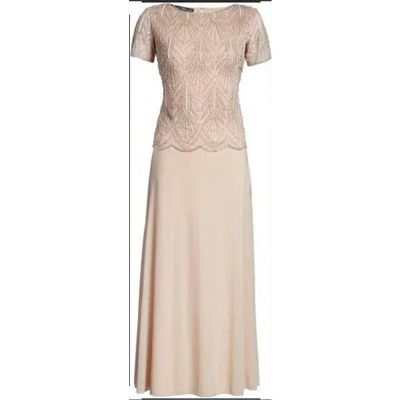 Pisarro Nights Beaded Bodice Chiffon Gown Size 4 Blush NWT Short Sleeve Formal - Picture 1 of 2